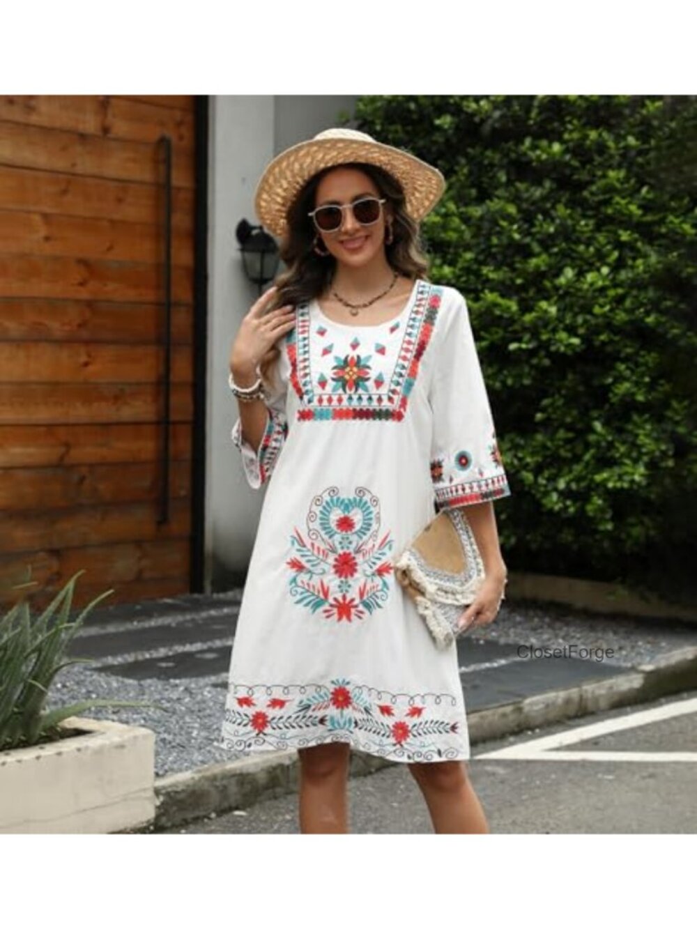 Mexican Embroidered Cotton Bohemian Dress Floral Peasant Fiesta Boho - Picture 3 of 5